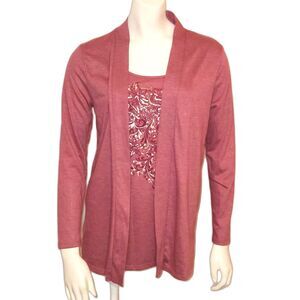 Beaded Floral Rose One Piece Cardigan Open Front Jersey Top Womens Size Small